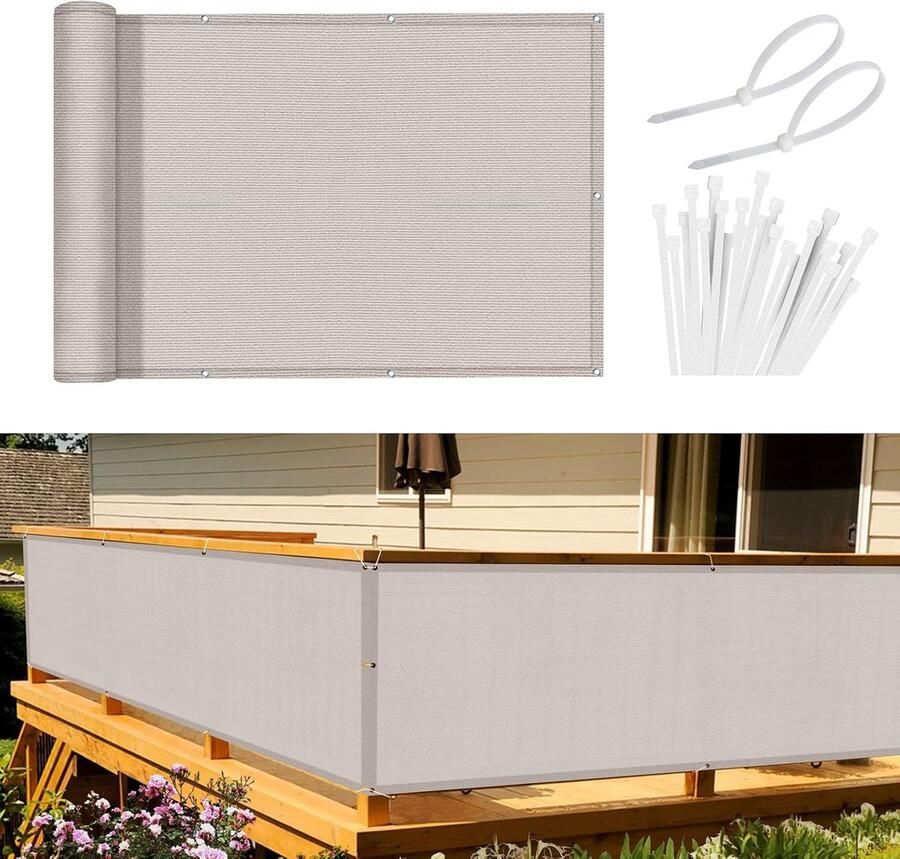 Balkonscherm inkijkbescherming balkonafdekking 90 x 500 cm windbescherming licht transparant ondoorzichtig balkonbekleding HDPE wind- en uv-bescherming met inslagringen en kabelbinders taupe