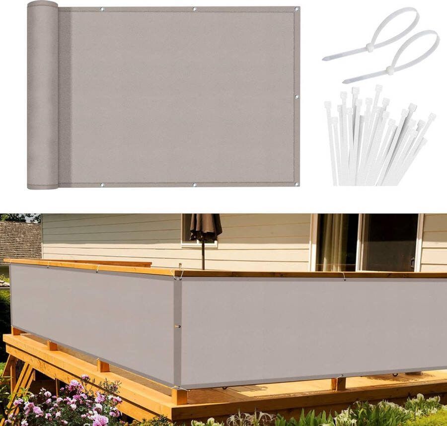 Balkonscherm inkijkbescherming balkonafdekking 90 x 500 cm windscherm ondoorzichtig balkonbekleding PES 170 g m² wind- en uv-bescherming met inslagringen en kabelbinders taupe