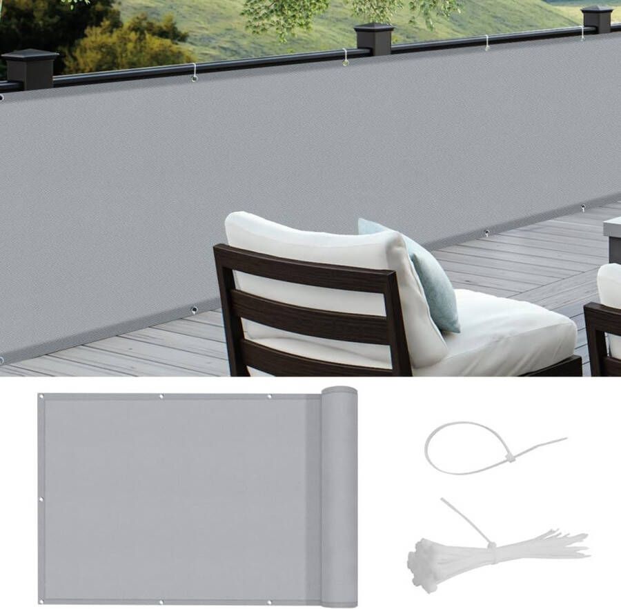 Balkonscherm inkijkbescherming balkonomspanningen PES waterdicht weerbestendig met kabelbinders 90 x 600 cm grijs