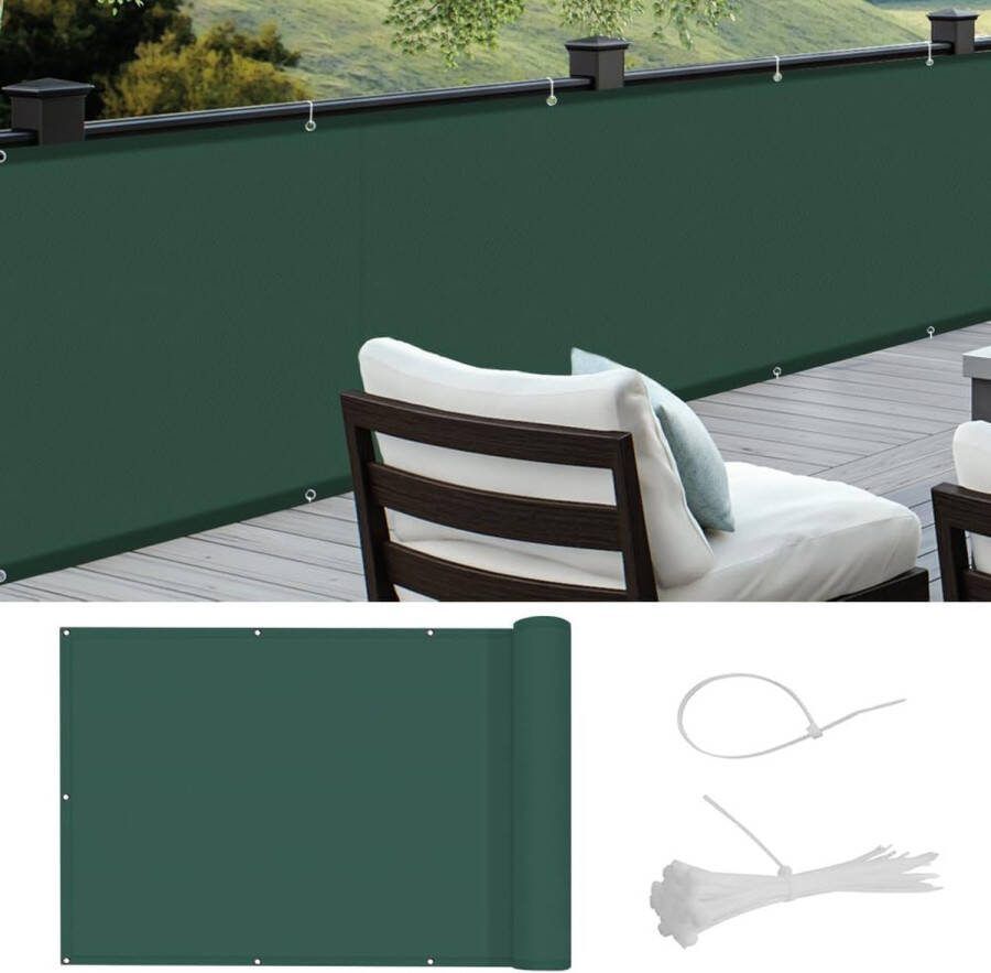 Balkonscherm inkijkbescherming balkonspanningen PES waterdicht weerbestendig met kabelbinders 90x600cm donkergroen