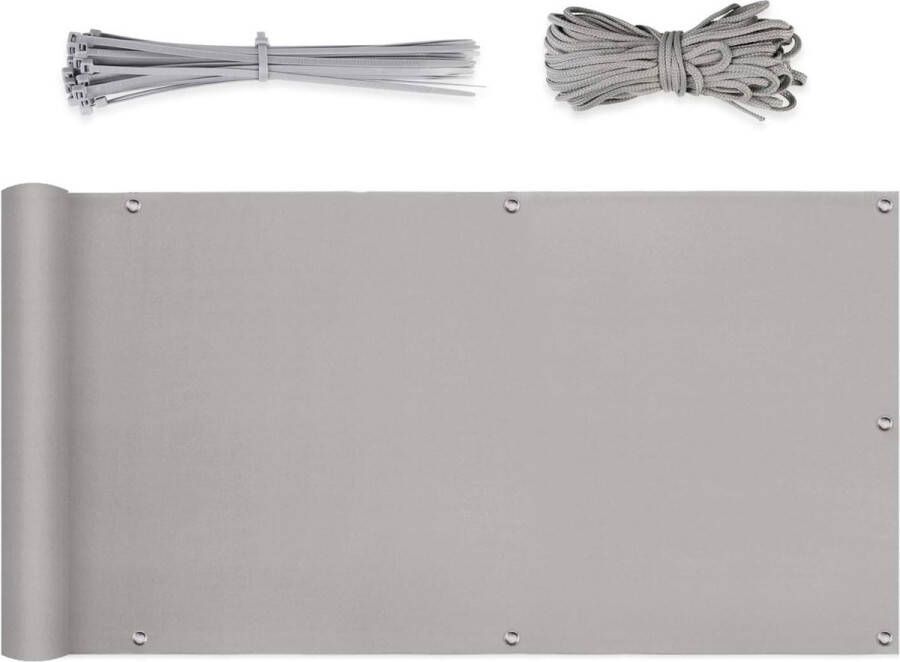 Balkonscherm ondoorzichtig wind- en uv-bescherming weerbestendig 100% privacy met ingestanste ringen nylon kabelbinders en koord 90 x 500 cm lichtgrijs