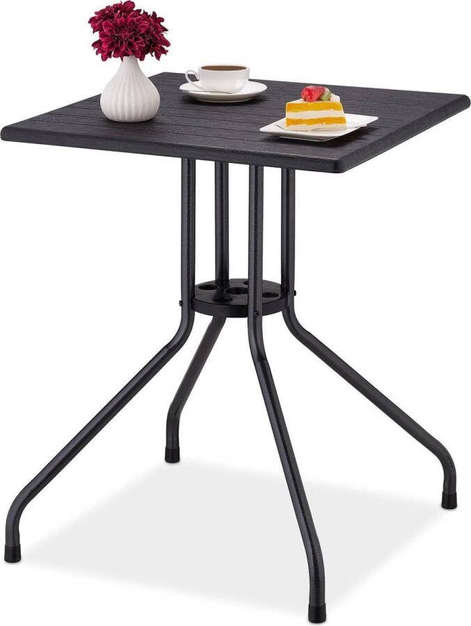 Balkontafel 75x61x61 cm Tuintafel houtlook kunststof metaal zwart Buitentafel vierkant