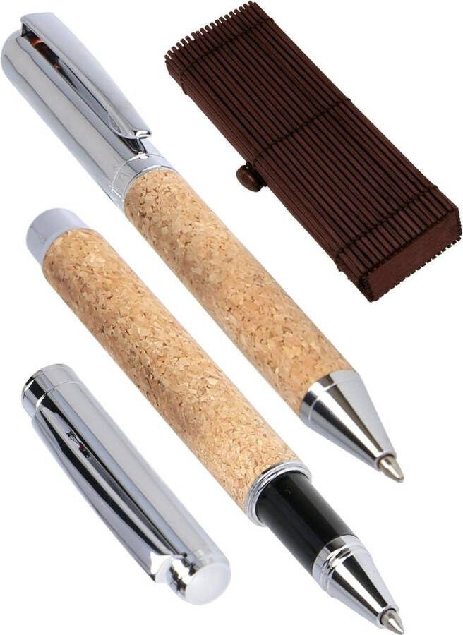 Balpen en rollerball schrijfset kurk pennen natuurlijke kurk afwerking blauwe inkt houten geschenkdoos