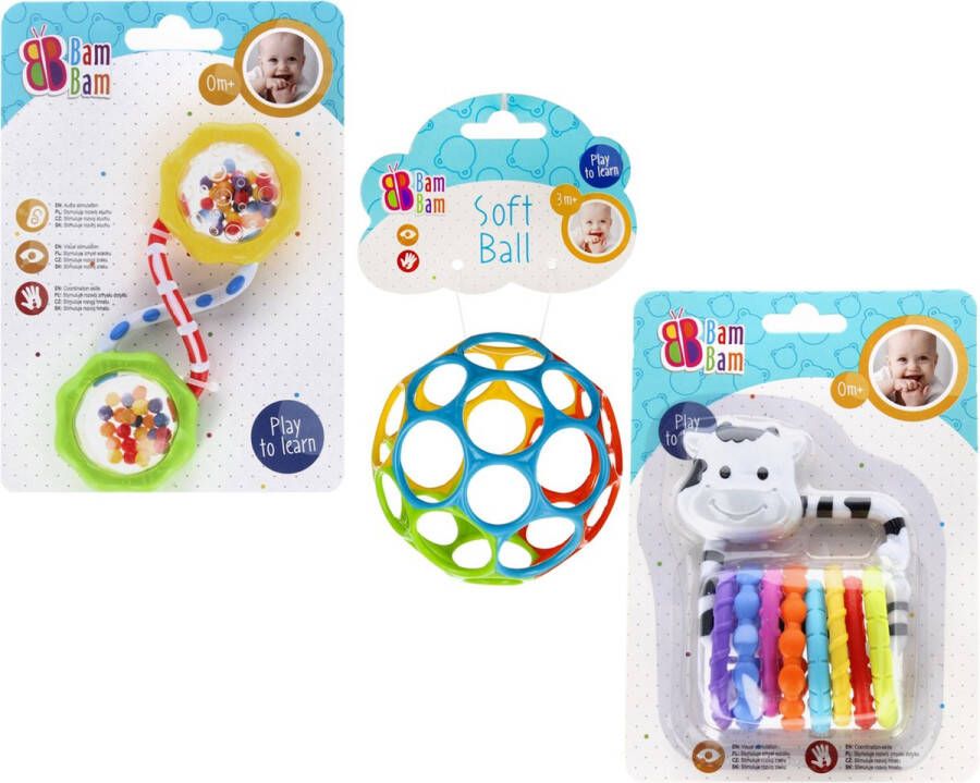 Bam Babyset 2x rammelaar + rubberen bal educatief speelgoed