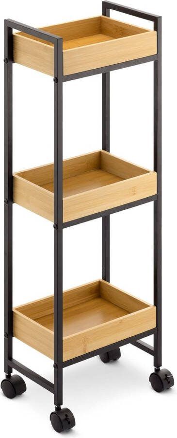 Bamboe badkamerkastje op wieltjes Rekje met drie lades Opbergmeubel badkamer Trolley van bamboe en ijzer
