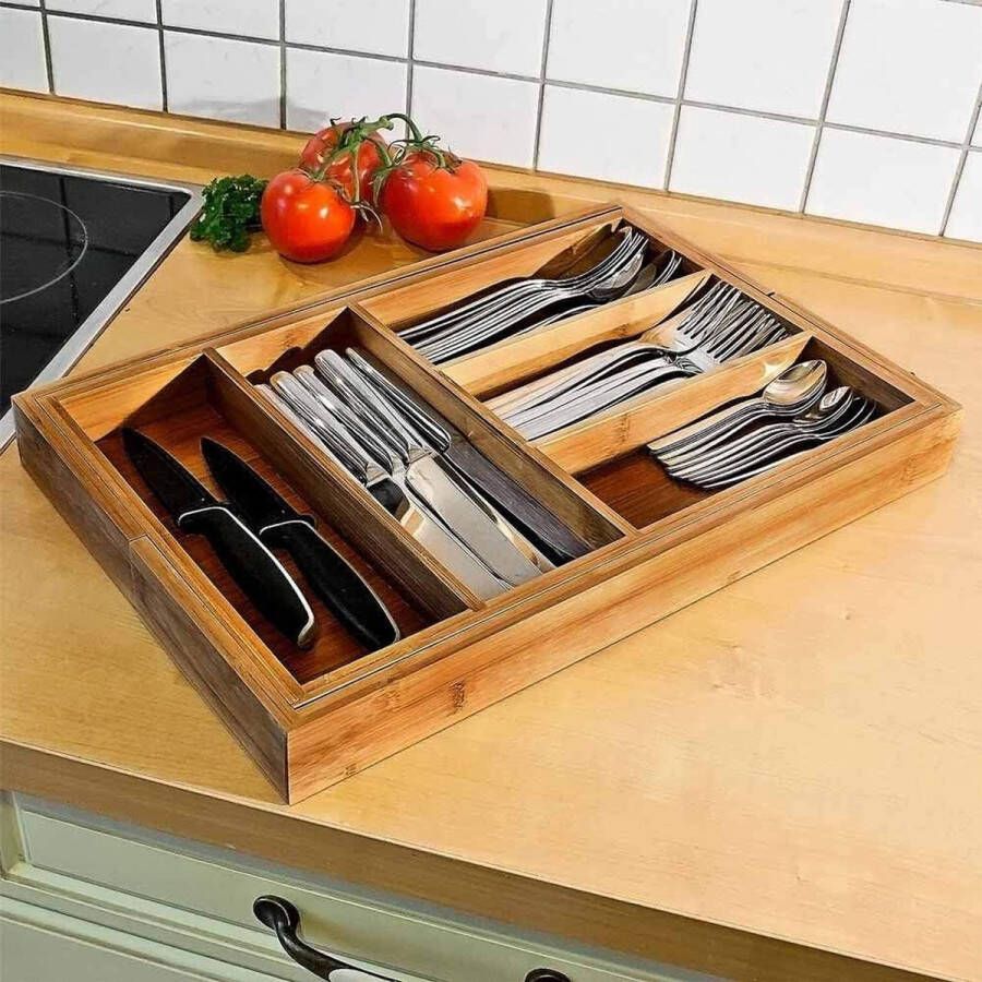 Bamboe bestekbak voor schuifladen uittrekbaar 30-48 x 34 x 5 cm anti-slip noppen bestekorganizer lade-inzet