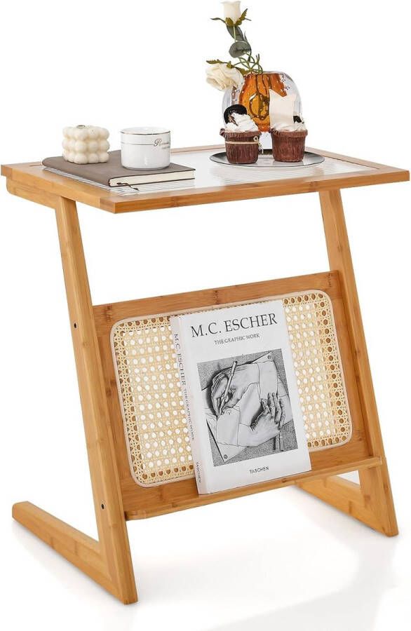 Bamboe bijzettafel Z-vormige salontafel met rotan tijdschriftenhouder en glasplaat banktafel voor slaapkamer woonkamer 51 5 x 37 x 58 cm