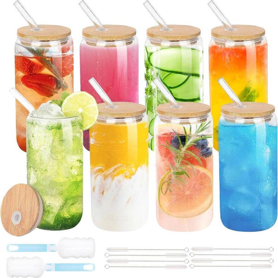 Bamboe deksels glazen rietje bierblikglas 450 ml ijskoffiekopjes-Tumbler Clear Glass Cup Ideaal voor cocktail whisky thee cola sap frisdrank cadeauset (8 stuks)