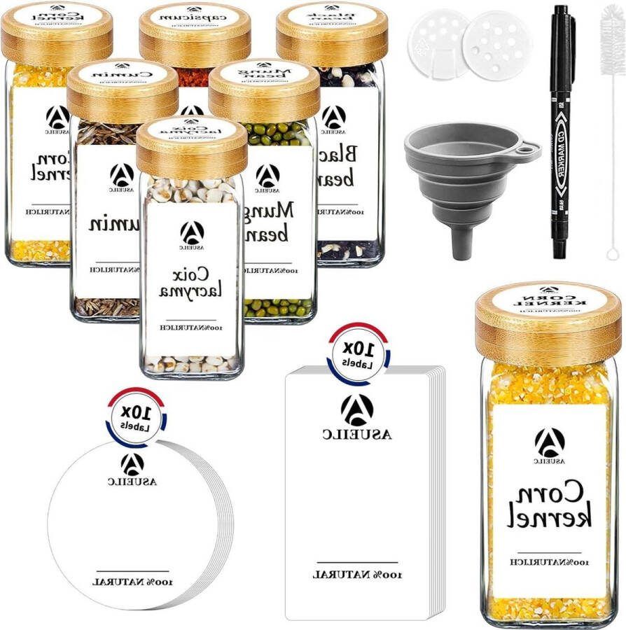 Bamboe glazen kruidencontainers 120 ml vierkante kruidenpotjes 4 oz set van 6 met deksels en 20 etiketten inclusief shakerdeksels pen en slangborstel kruidenpotjes vierkant