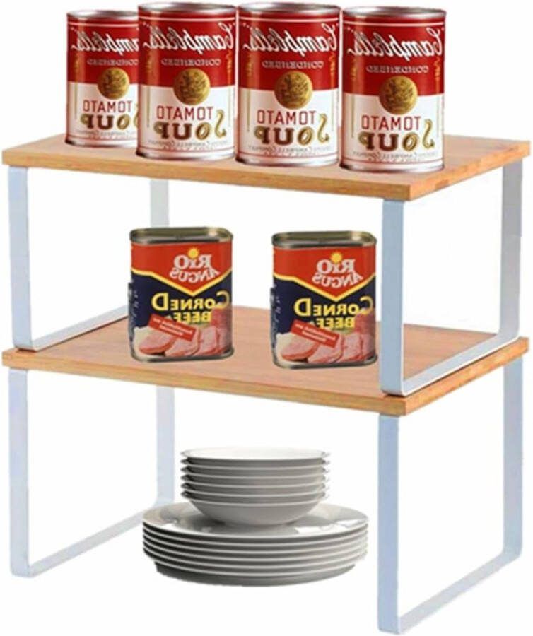 Bamboe Kast Plank Organizer Uitbreidbaar & Stapelbaar Opbergrek voor Kasten Keuken Badkamer Lounge Wit 2-Pack Opbergrek