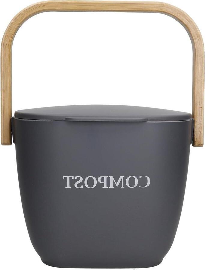Bamboe keuken compostbak afneembaar deksel thuiscompostering voedselafval Caddy handvat draagbare container gootsteen anti-geur klein 20 x 17 x 30 cm grijs
