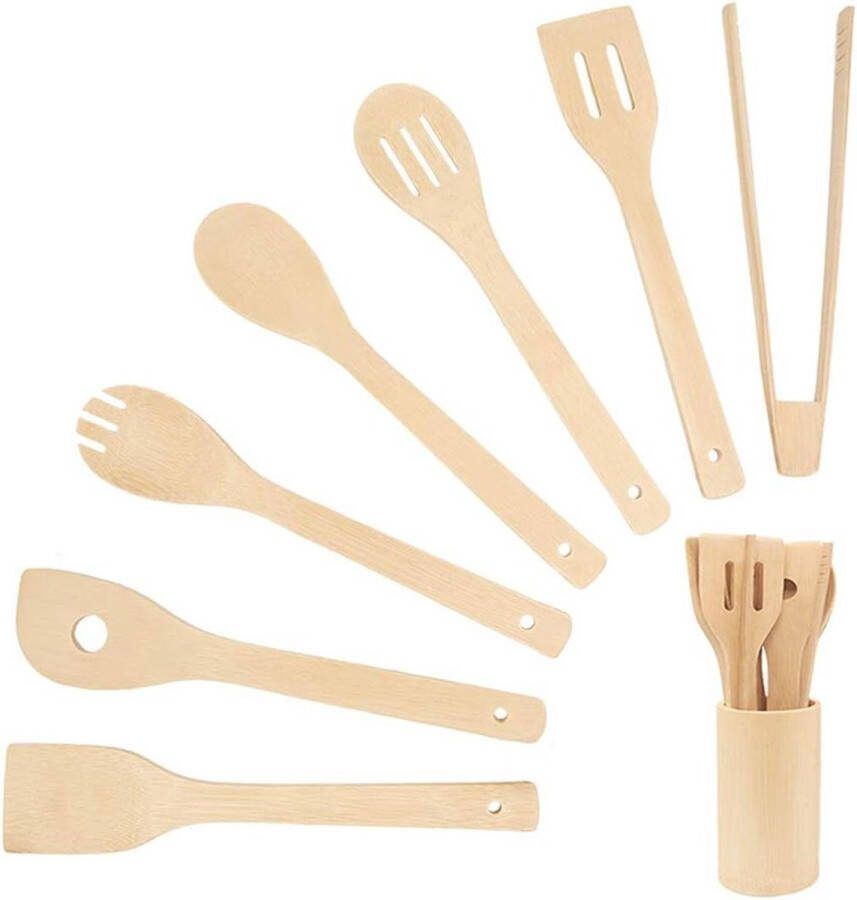 Bamboe Keuken Kookgerei Set 8 Stuks Anti-stick Met Houder Kooklepel Spatel Turner Vork Keukentang Gemakkelijk Schoon te Maken