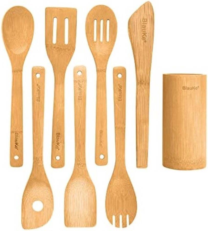 Bamboe Keukengerei Set 8-Stuks Houten Spatel Kooklepel Vork Draaier Keukentang Kookgereihouder – Houten Kookgerei Set voor Anti-aanbak Kookgerei Keukenaccessoires Set Keukenhulpjes Kookgereiset
