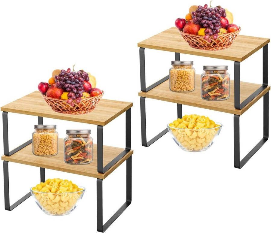 Bamboe keukenplank organizer 4-pack uitbreidbaar en stapelbaar opbergrek voor aanrecht kast badkamer keuken wasruimte zwart