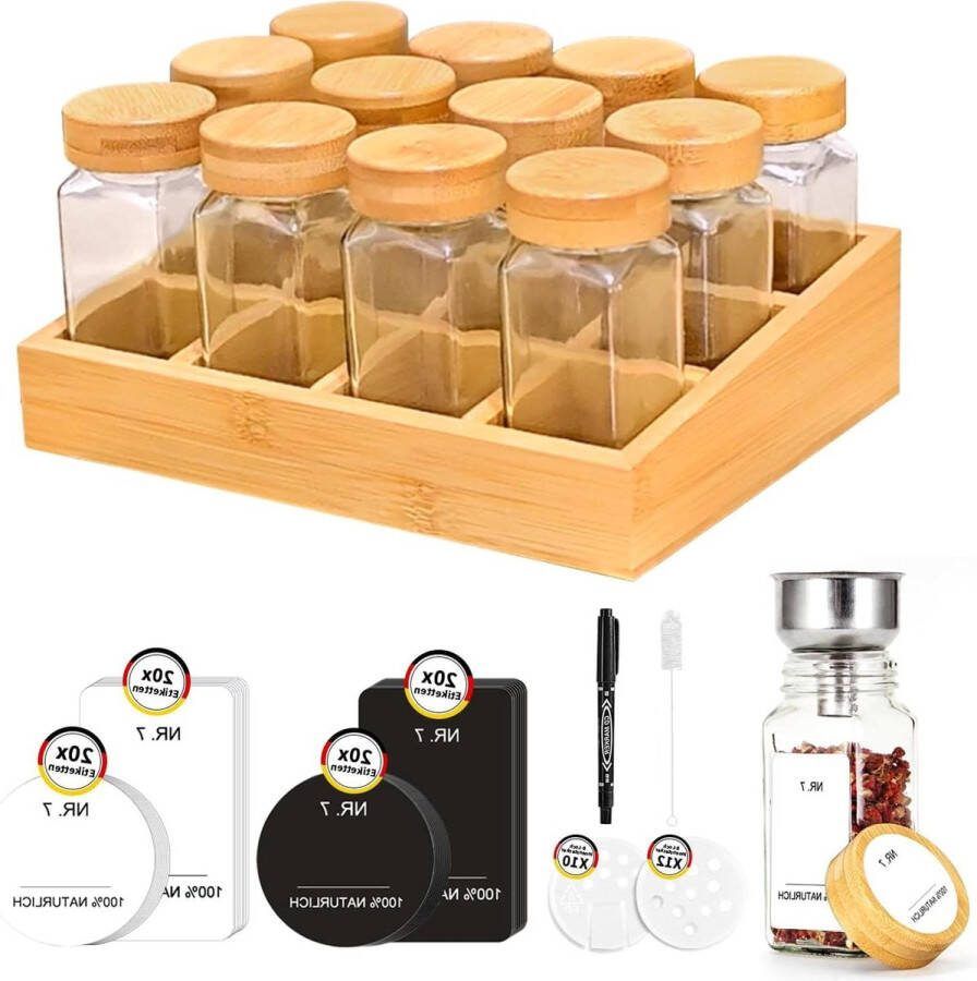 Bamboe Kruidenrek voor Keuken 12 Lege Kruidenpotjes met Etiketten Hoekig Design met Frame