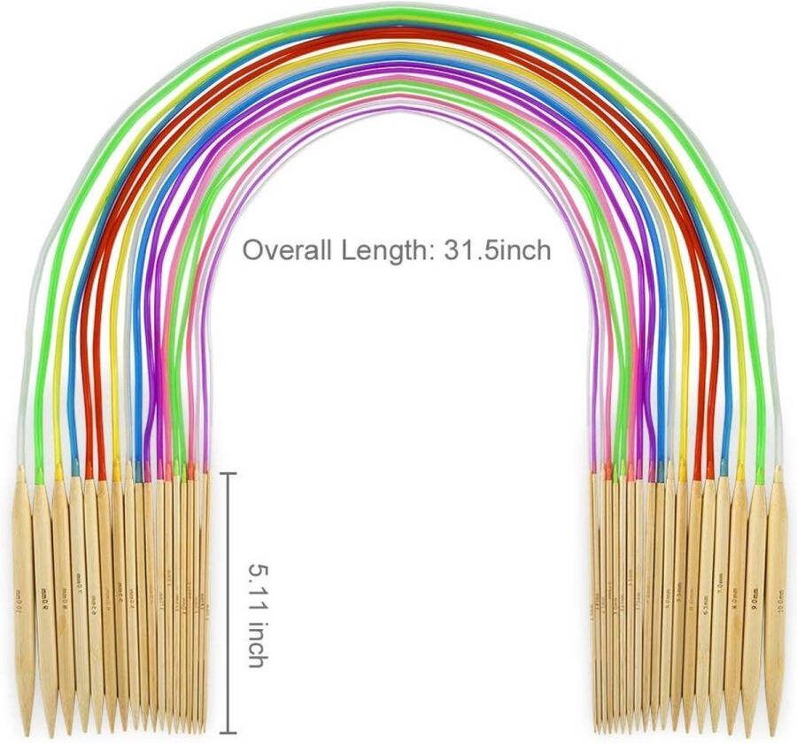 Bamboe rondbreinaalden Set met koffer Flexibele Plastic Kabel (31 inch 80 cm) Set van 61 stuks Breinaald en Breinaccessoires Gereedschap (2 mm-10 mm)