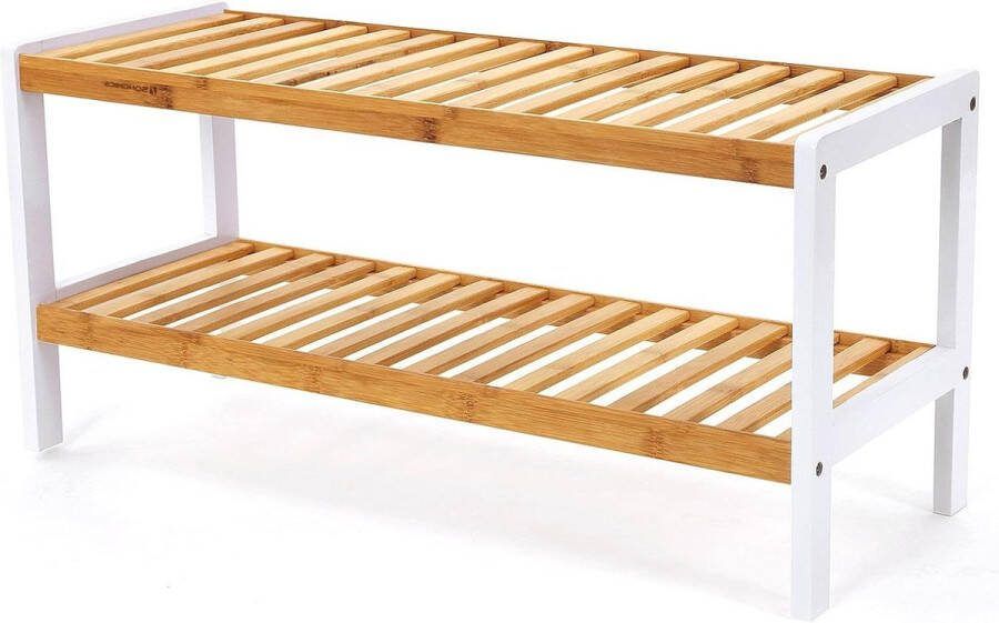 Bamboe Schoenenrek 2 niveau's Badkamerplank voor 8 paar schoenen Wit-natuurlijke kleuren 70 x 33 x 25 cm Schoenenrek