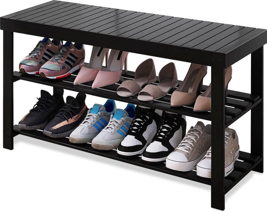 Bamboe Schoenenrek Bank 3-Tier Schoen Organizer Opbergplank voor Hal Badkamer Woonkamer Zwarte Schoenenopberger