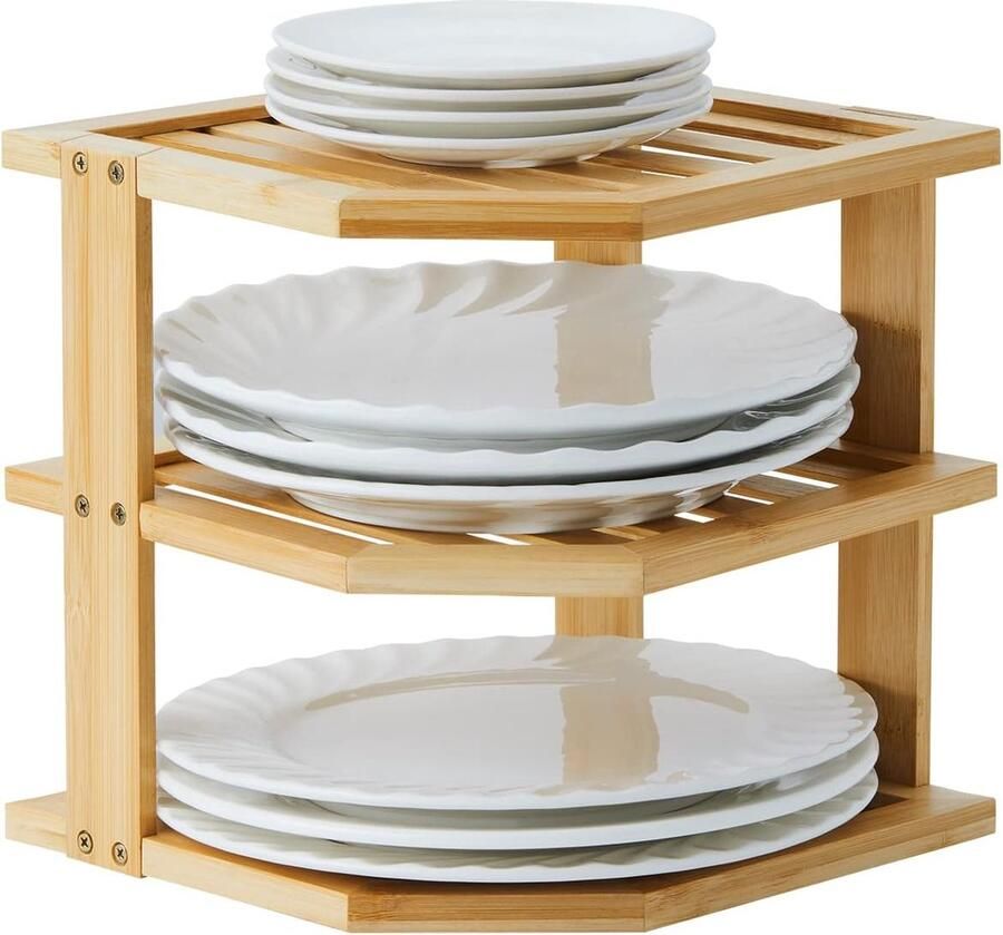 Bamboe-servies-organizer 25 x 25 x 25 cm hoekkast inzetstuk 3 etages voor keukenrek afdruiprek bordenstandaard