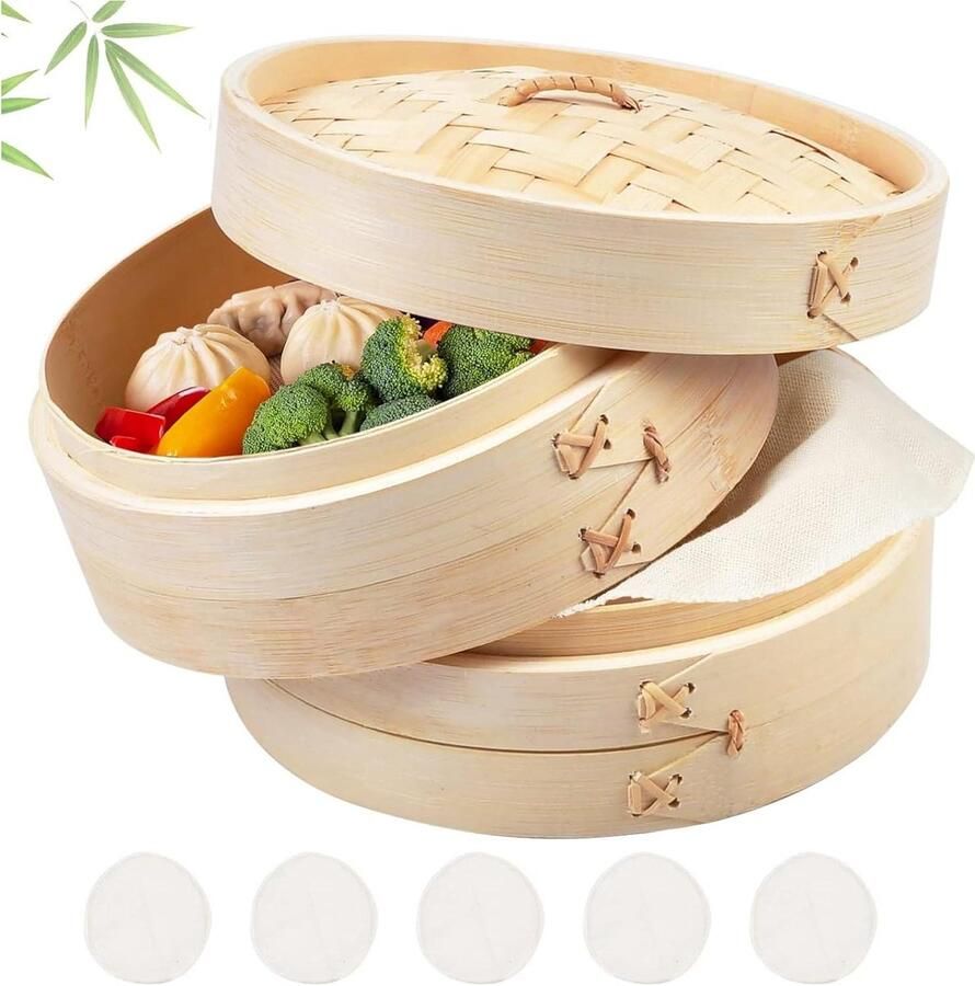 Bamboe Stomer 20 cm 2-Laags Perfect voor Dim Sum en Vis Inclusief 5 Katoenen Doeken bamboo steamer