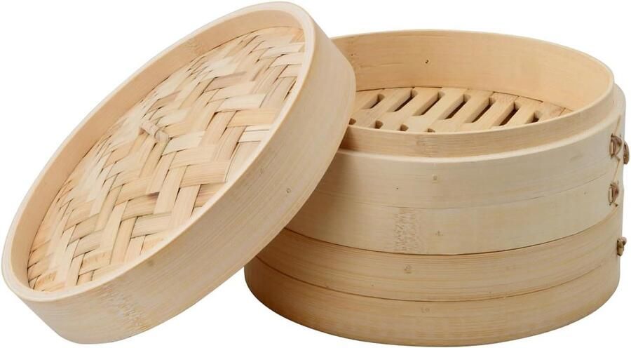 Bamboe stoommand 21cm 2 lagen ronde bamboe stomer DimSum Dumplings rijst groenten vis vlees beige