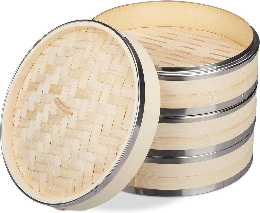Bamboe Stoommandje Ø 24 cm 3 Etages met Metalen Randen Aziatische Stomer voor Rijst en Vis bamboo steamer