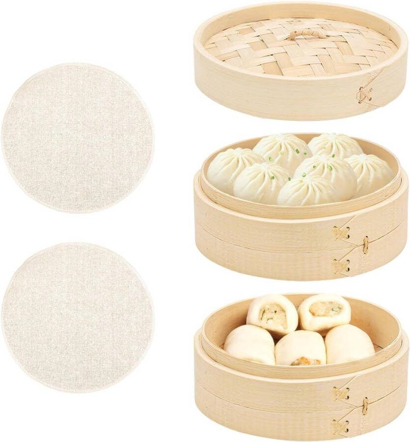 Bamboe stoompan Aziatische stoommand voor knoedels en rijst 2 etages dim sum groenten vlees deksel 20 cm (L)
