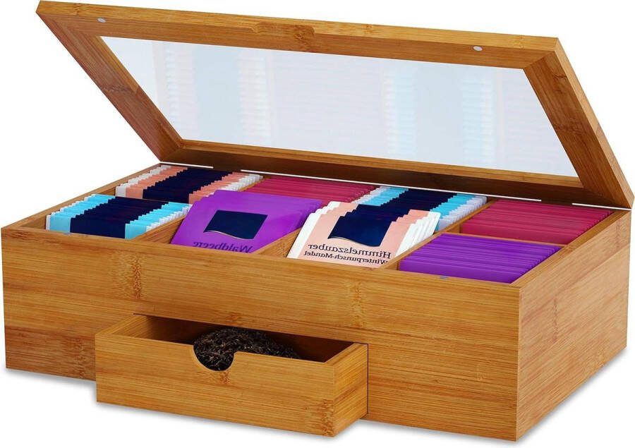 Bamboe theebox opbergdoos met deksel Premium houten organizer voor thee Theekist duurzame opslag Keukenorganizer theeopslag 33 x 20 x 10 cm