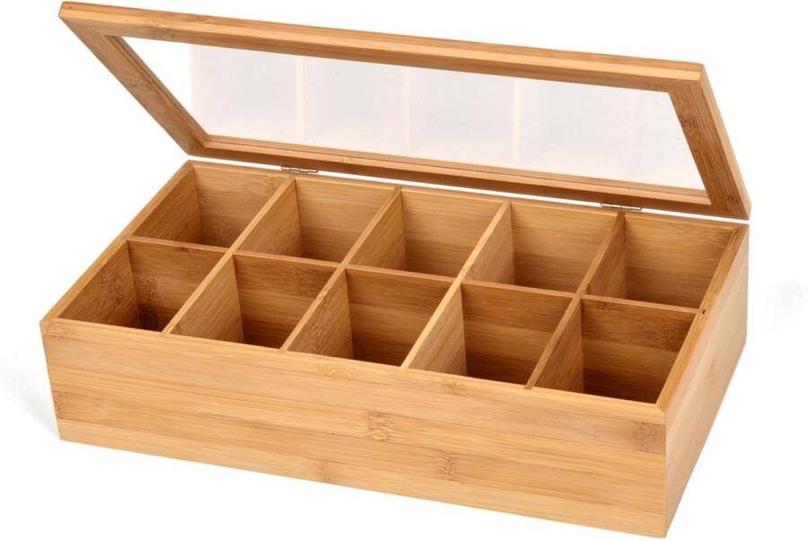 Bamboe theedoos met 10 vakken inklapbaar deksel en kijkvenster theezakjesbox voor aromabeschermd bewaren van thee 36 x 20 x 9 cm Theedoos