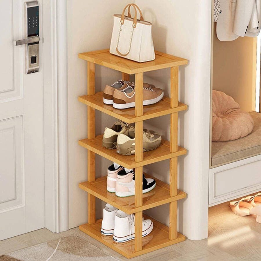 Bamboe Verticaal Schoenenrek Ruimtebesparend Stapelbaar Hoekschoenenrek Smal Schoenenrek 5 Niveaus Opbergrek Woonkamer Entree Hal 25 x 23 x 77 cm