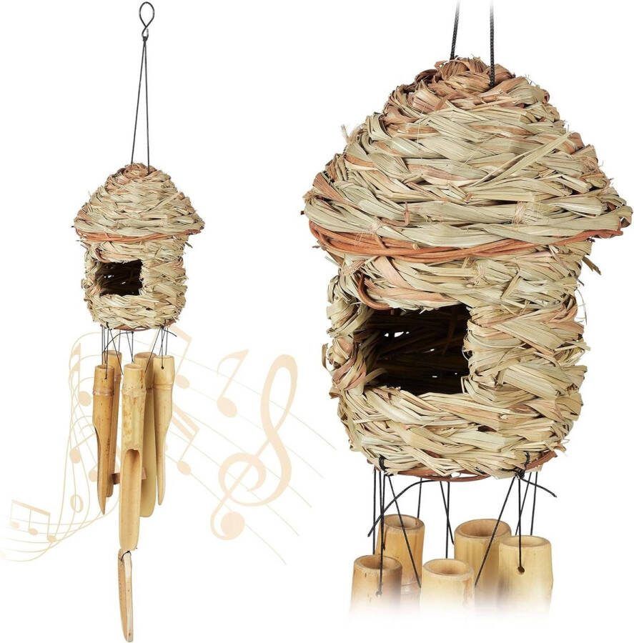 Bamboe windgong set van 2 decoratief vogelhuisje Binnen & buiten Bamboe en stro HxØ 67.5x13.5cm Natuur