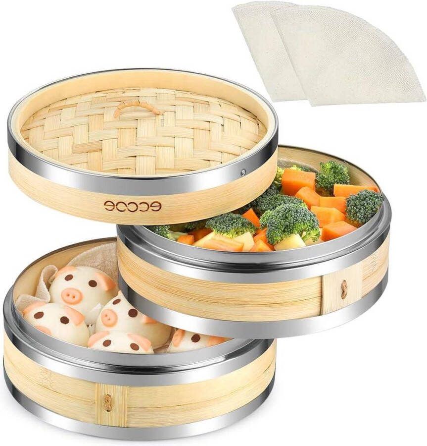 Bamboedemper 2 etages met versterkte rand van roestvrij staal 20 cm Inclusief 2 katoenen doeken Voor rijst dim sum groenten en meer bamboo steamer