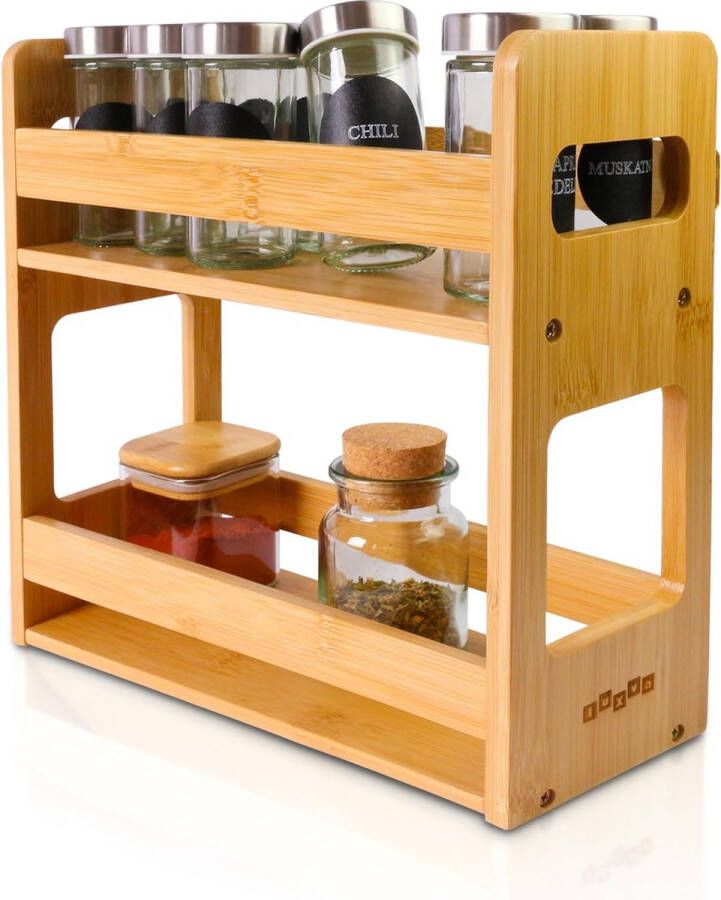 Bamboo Spice Rack for Wall or Standing Kitchen Rack with 2 Spacious Tiers 28 x 28 x 11.5 cm Spice Rack for Storing Spice Containers and Herbs (Modern Large)
