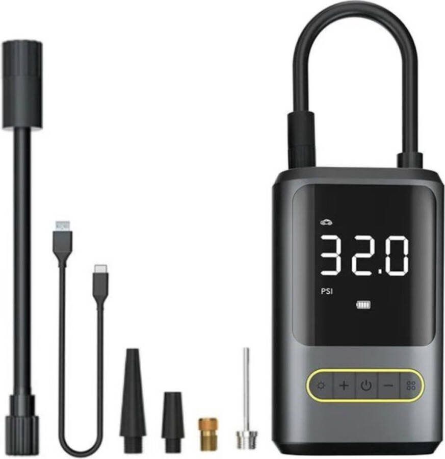Bandenpomp Elektrische Fietspomp Compressor met digitaal scherm en Powerbank Functie Luchtcompressor Draadloos 6-in-1 Pomp Inclusief 4 opzetstukken