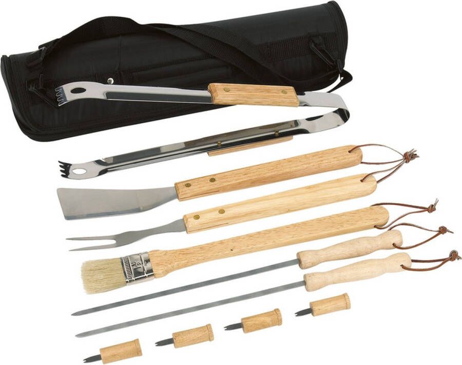 Merkloos Sans marque Barbecue gereedschap set RVS met houten handgrepen 10-delig BBQ spatel vleesvork spies tang kwast