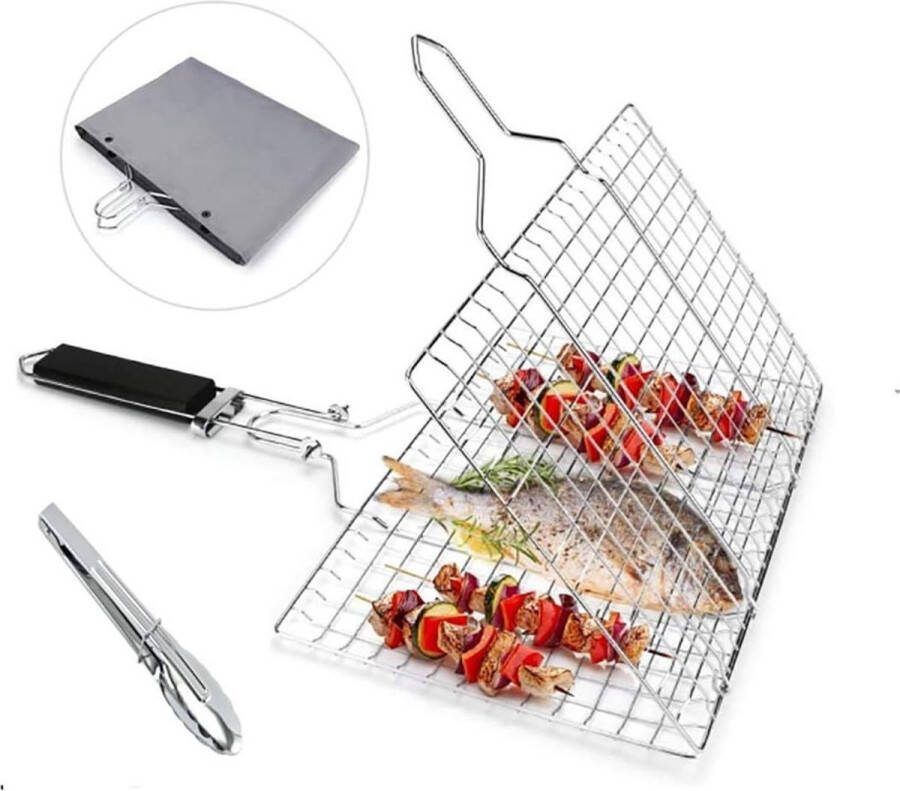 Barbecue grillmand roestvrijstaal opvouwbaar geschikt voor geroosterde vis en groenten inclusief keukentang en opbergtas 32 x 32 cm