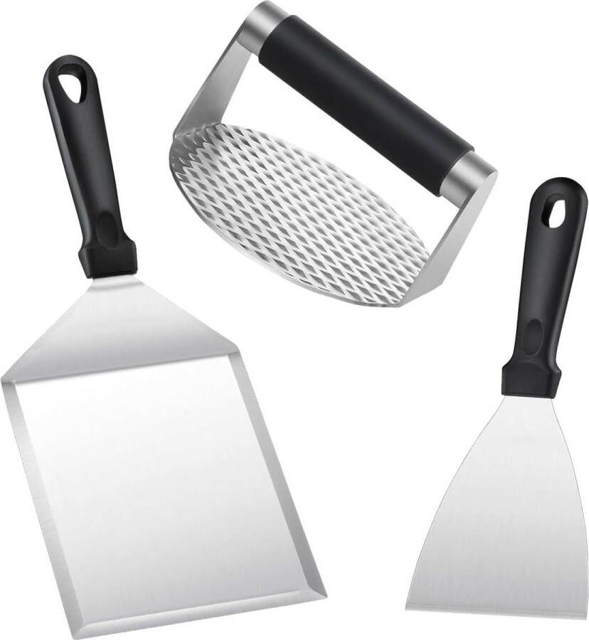 Barbecue-hamburgerset met ronde burgerpers en 2 grillspatels roestvrij stalen hamburgersmasher pattie grillgereedschap voor outdoor en binnen