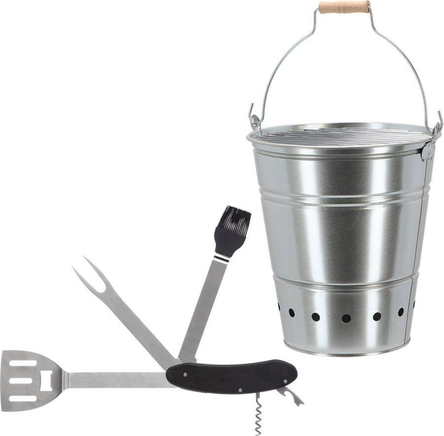 Barbecue set houtskool BBQ emmer en een 5-in-1 Zwitsers BBQ zakmes handig mee te nemen