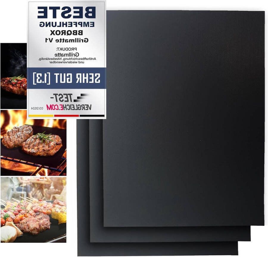 Barbecuematten met vergelijkende winnaar anti-aanbaklaag herbruikbaar houtskoolgrill gasbarbecues elektrische grill voor vlees vis (set van 3 50 x 40 cm 300 graden Celsius) zwart met gratis receptenboekje barbecue set
