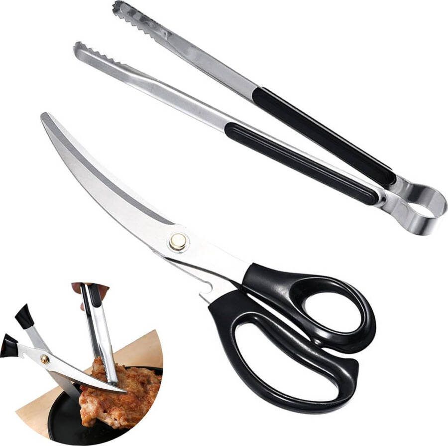 Barbecueschaar en clipset barbecueschaar barbecuetang keukenschaar kookschaar pissa-schaar ergonomische schaar roestvrijstalen schaarclip voor eenvoudig gebruik (zwart)