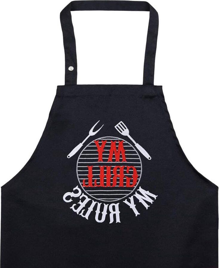 Barbecueschort heren met spreuk My Grill My Rules verstelbaar kookschort met tas BBQ schort voor grillfans met zak