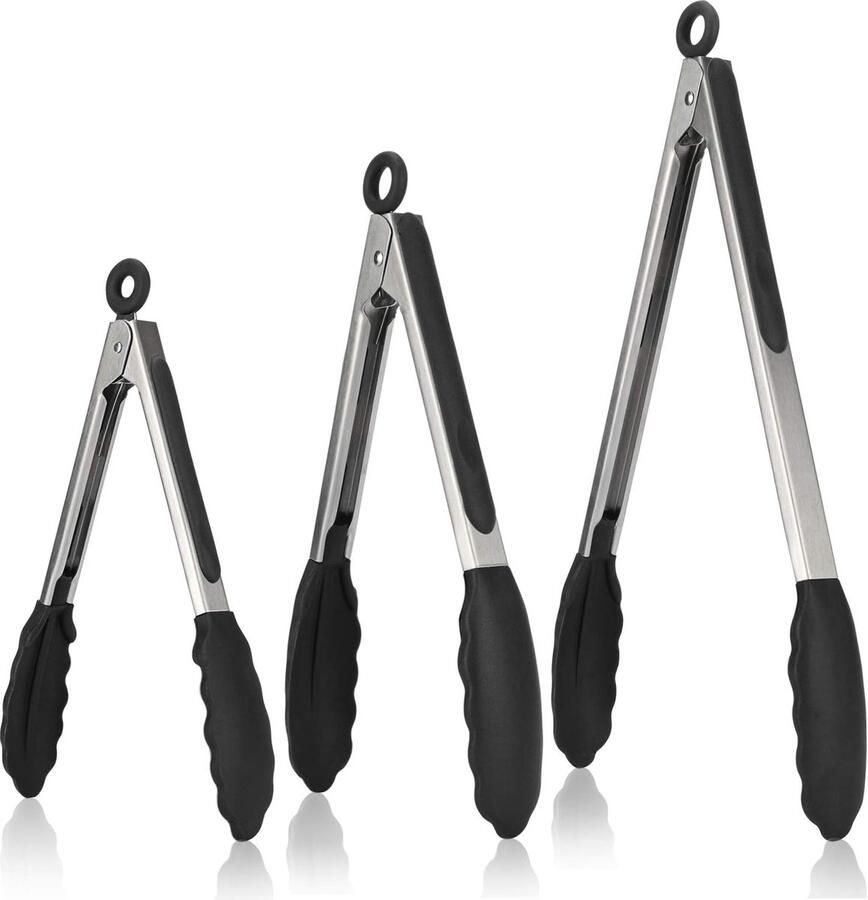 Barbecuetang Keukentang met siliconen tips en siliconen handvat 3 stuks 315℃ hittebestendige vleestang Kooktang van roestvrij staal voor koken grillen saladebuffet serveren (18 23 30 cm zwart)