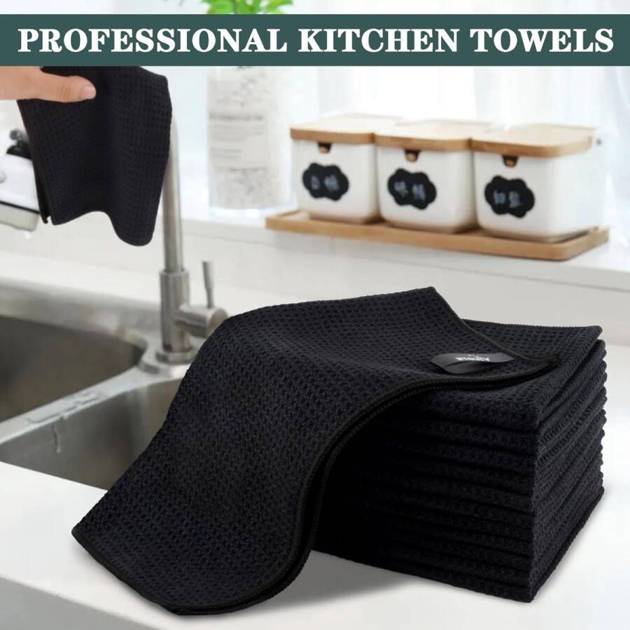 Barista microvezeldoeken zwart wafeldoek vaatdoek wasbaar vaatdoek voor keuken dikke huishoudpoetsdoeken pluisvrij 30 cm x 30 cm 12 stuks