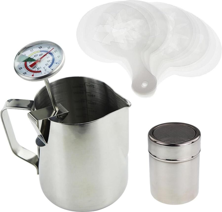 Barista-set melkthermometer 600 ml kan cacaostrooier sjabloonset koffie melkkoffie cappuccino mokka. Milk Jug Kit