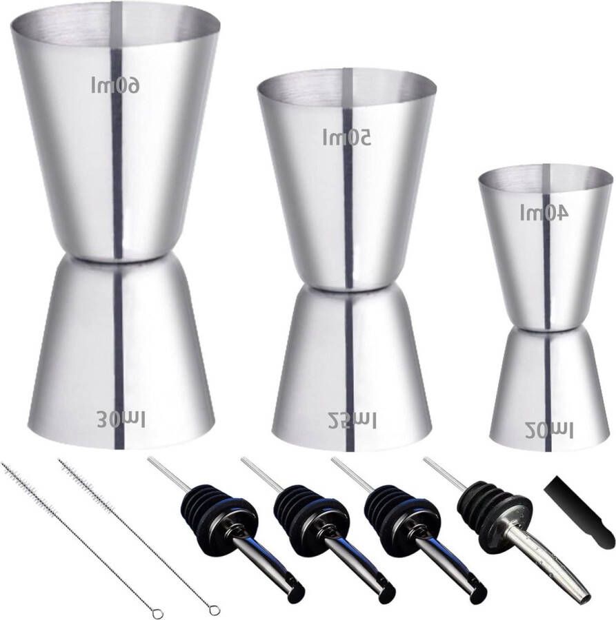 Barmaatje Stainless Steel Cocktail Measuring Cups Set 4cl 5cl 6cl Double Gin Jigger 4 Pouring Spouts 2 Brushes Barmaatje