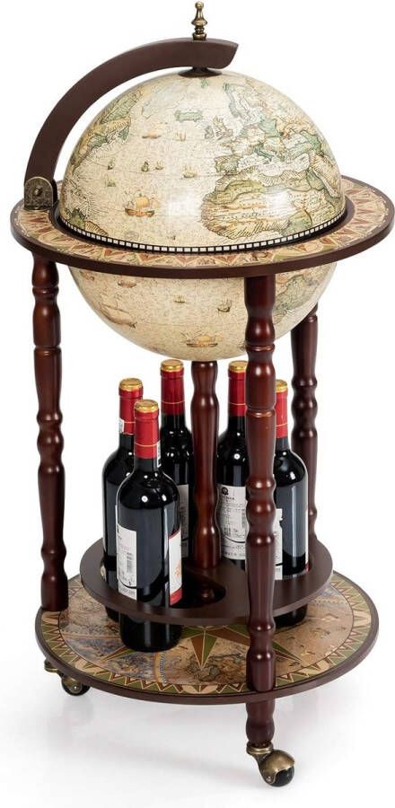 Barwagen eucalyptushouten globebar antieke wereldbol wijnbar wijnrek met wielen standaard 16e eeuw Italiaan barkasten wijnkast huisbar decoratiebar (Lichtbruin)