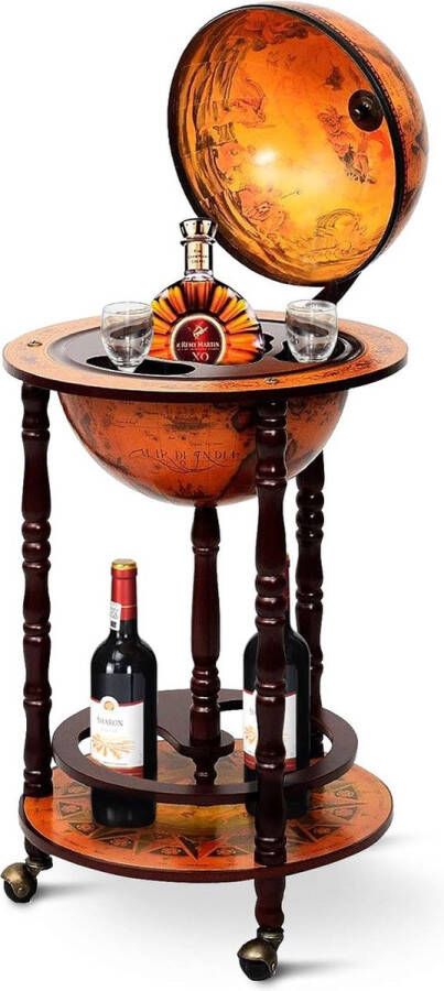 Barwagen eucalyptushouten globebar antieke wereldbol wijnbar wijnrek met wielen standaard 16e eeuw Italiaan barkasten wijnkast huisbar decoratiebar (retro bruin)