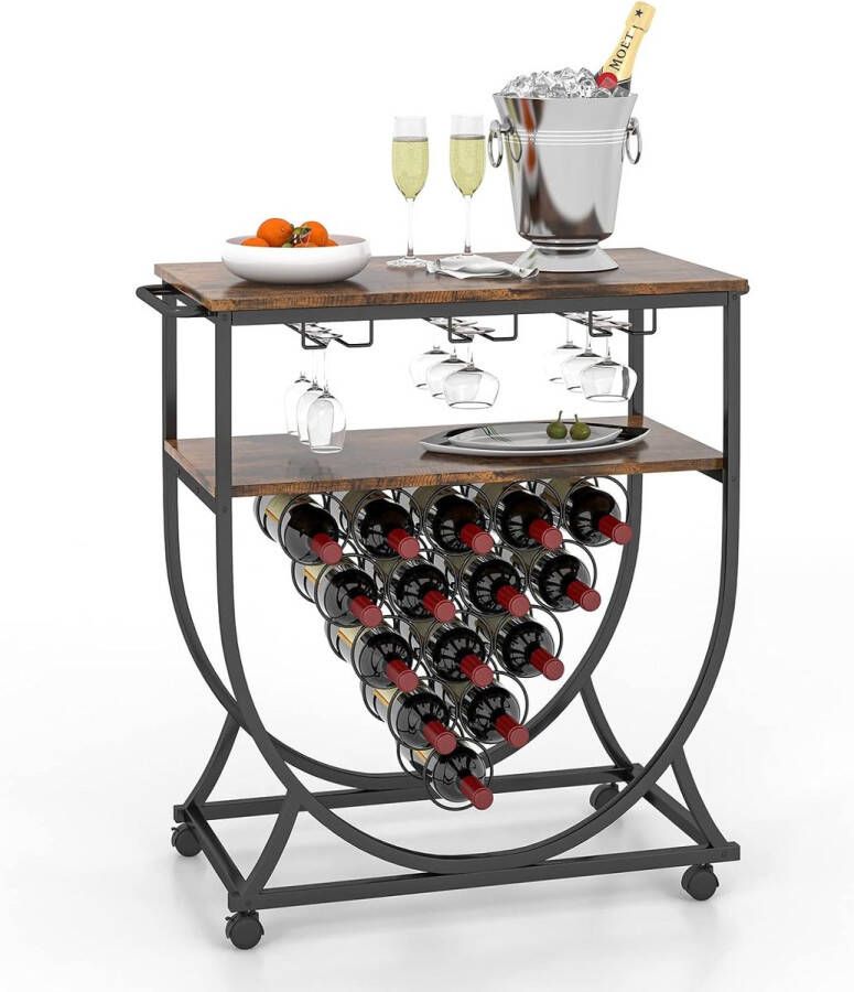 Barwagen op wieltjes serveerwagen met 2 planken 3 rijen glashouders en 15 flessenhouders wijnrek in industrieel design 83 x 40 x 83 cm