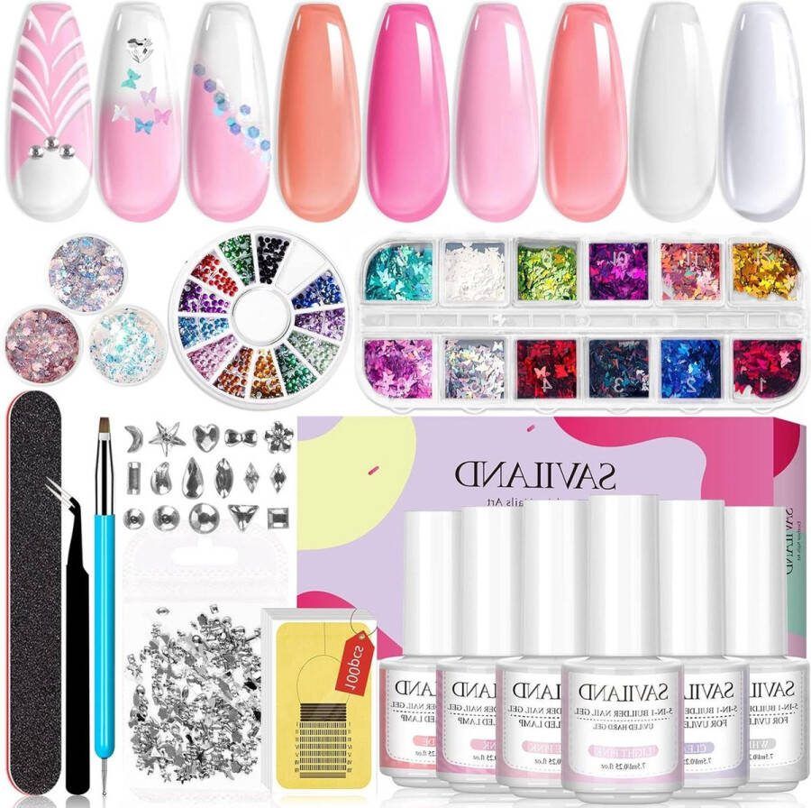 Base Strengthening Gel Nail Kit 6 Colors Building Gel Set Clear Nudes Pink All-in-One Kit for Nail Extension Repair Nail Art