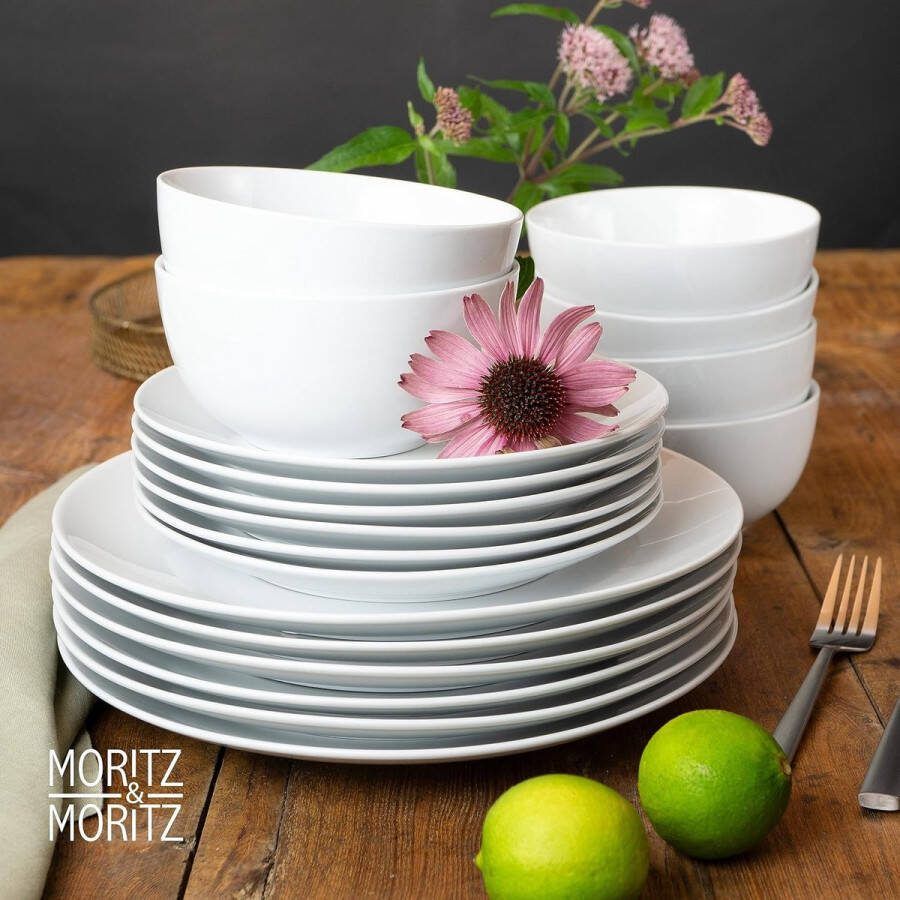 Basic Serviesset voor 6 personen modern van hoogwaardig porselein in klassiek wit bestaande uit 6 x dinerborden 6 x dessertborden en 6 x schalen